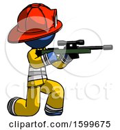 Poster, Art Print Of Blue Firefighter Fireman Man Kneeling Shooting Sniper Rifle