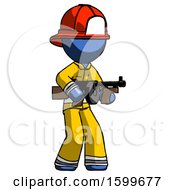 Poster, Art Print Of Blue Firefighter Fireman Man Tommy Gun Gangster Shooting Pose