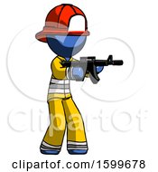 Poster, Art Print Of Blue Firefighter Fireman Man Shooting Automatic Assault Weapon