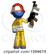 Poster, Art Print Of Blue Firefighter Fireman Man Holding Tommygun