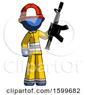 Poster, Art Print Of Blue Firefighter Fireman Man Holding Automatic Gun