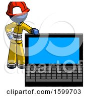 Poster, Art Print Of Blue Firefighter Fireman Man Beside Large Laptop Computer Leaning Against It