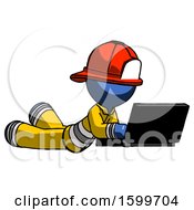 Poster, Art Print Of Blue Firefighter Fireman Man Using Laptop Computer While Lying On Floor Side Angled View