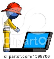 Poster, Art Print Of Blue Firefighter Fireman Man Using Large Laptop Computer Side Orthographic View