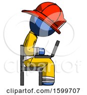 Poster, Art Print Of Blue Firefighter Fireman Man Using Laptop Computer While Sitting In Chair View From Side