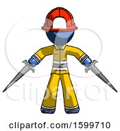 Poster, Art Print Of Blue Firefighter Fireman Man Two Sword Defense Pose