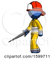 Poster, Art Print Of Blue Firefighter Fireman Man With Sword Walking Confidently