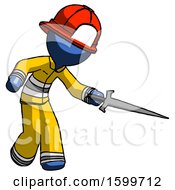Poster, Art Print Of Blue Firefighter Fireman Man Sword Pose Stabbing Or Jabbing