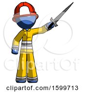 Poster, Art Print Of Blue Firefighter Fireman Man Holding Sword In The Air Victoriously