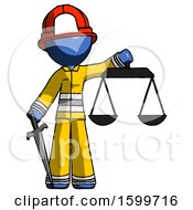 Poster, Art Print Of Blue Firefighter Fireman Man Justice Concept With Scales And Sword Justicia Derived