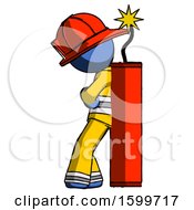 Poster, Art Print Of Blue Firefighter Fireman Man Leaning Against Dynimate Large Stick Ready To Blow