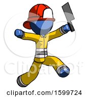 Poster, Art Print Of Blue Firefighter Fireman Man Psycho Running With Meat Cleaver