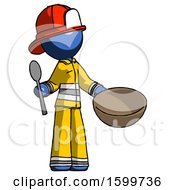 Poster, Art Print Of Blue Firefighter Fireman Man With Empty Bowl And Spoon Ready To Make Something