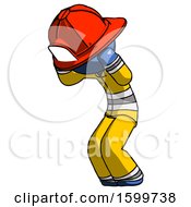 Poster, Art Print Of Blue Firefighter Fireman Man With Headache Or Covering Ears Turned To His Left