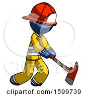 Poster, Art Print Of Blue Firefighter Fireman Man Striking With A Red Firefighters Ax