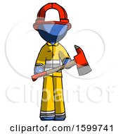 Poster, Art Print Of Blue Firefighter Fireman Man Holding Red Fire Fighters Ax