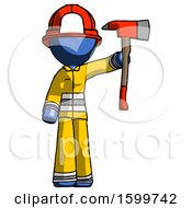 Poster, Art Print Of Blue Firefighter Fireman Man Holding Up Red Firefighters Ax