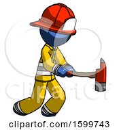 Poster, Art Print Of Blue Firefighter Fireman Man With Ax Hitting Striking Or Chopping