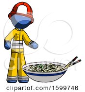 Poster, Art Print Of Blue Firefighter Fireman Man And Noodle Bowl Giant Soup Restaraunt Concept