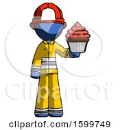 Blue Firefighter Fireman Man Presenting Pink Cupcake To Viewer