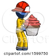 Blue Firefighter Fireman Man Holding Large Cupcake Ready To Eat Or Serve