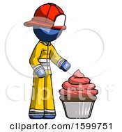 Poster, Art Print Of Blue Firefighter Fireman Man With Giant Cupcake Dessert