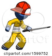 Poster, Art Print Of Blue Firefighter Fireman Man Stabbing With Ninja Sword Katana