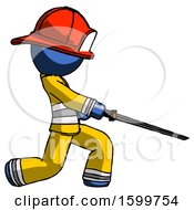 Poster, Art Print Of Blue Firefighter Fireman Man With Ninja Sword Katana Slicing Or Striking Something