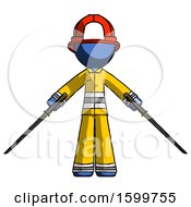 Poster, Art Print Of Blue Firefighter Fireman Man Posing With Two Ninja Sword Katanas
