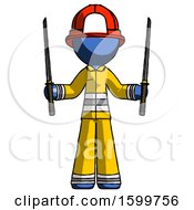 Poster, Art Print Of Blue Firefighter Fireman Man Posing With Two Ninja Sword Katanas Up