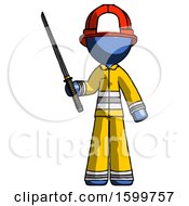 Poster, Art Print Of Blue Firefighter Fireman Man Standing Up With Ninja Sword Katana