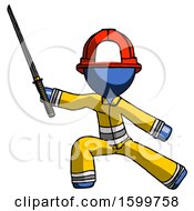 Poster, Art Print Of Blue Firefighter Fireman Man With Ninja Sword Katana In Defense Pose