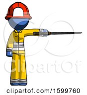 Poster, Art Print Of Blue Firefighter Fireman Man Standing With Ninja Sword Katana Pointing Right