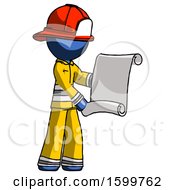 Poster, Art Print Of Blue Firefighter Fireman Man Holding Blueprints Or Scroll