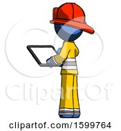 Poster, Art Print Of Blue Firefighter Fireman Man Looking At Tablet Device Computer With Back To Viewer