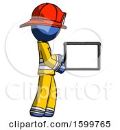 Poster, Art Print Of Blue Firefighter Fireman Man Show Tablet Device Computer To Viewer Blank Area