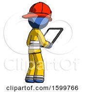 Poster, Art Print Of Blue Firefighter Fireman Man Looking At Tablet Device Computer Facing Away
