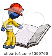 Poster, Art Print Of Blue Firefighter Fireman Man Reading Big Book While Standing Beside It
