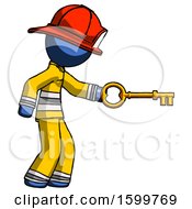 Poster, Art Print Of Blue Firefighter Fireman Man With Big Key Of Gold Opening Something