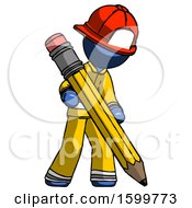 Poster, Art Print Of Blue Firefighter Fireman Man Writing With Large Pencil