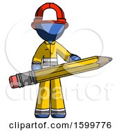 Poster, Art Print Of Blue Firefighter Fireman Man Writer Or Blogger Holding Large Pencil