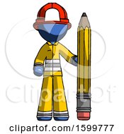 Poster, Art Print Of Blue Firefighter Fireman Man With Large Pencil Standing Ready To Write