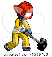 Blue Firefighter Fireman Man Hitting With Sledgehammer Or Smashing Something At Angle