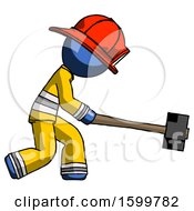 Poster, Art Print Of Blue Firefighter Fireman Man Hitting With Sledgehammer Or Smashing Something