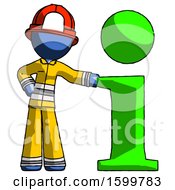 Poster, Art Print Of Blue Firefighter Fireman Man With Info Symbol Leaning Up Against It