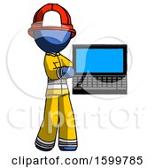 Poster, Art Print Of Blue Firefighter Fireman Man Holding Laptop Computer Presenting Something On Screen