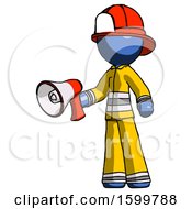 Poster, Art Print Of Blue Firefighter Fireman Man Holding Megaphone Bullhorn Facing Right
