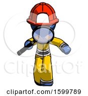 Poster, Art Print Of Blue Firefighter Fireman Man Looking Down Through Magnifying Glass