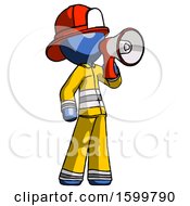 Poster, Art Print Of Blue Firefighter Fireman Man Shouting Into Megaphone Bullhorn Facing Right