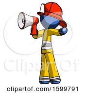 Poster, Art Print Of Blue Firefighter Fireman Man Shouting Into Megaphone Bullhorn Facing Left